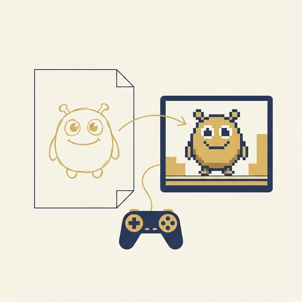 Illustration of a hand-drawn monster sketch becoming a pixel game character on screen, with a game controller