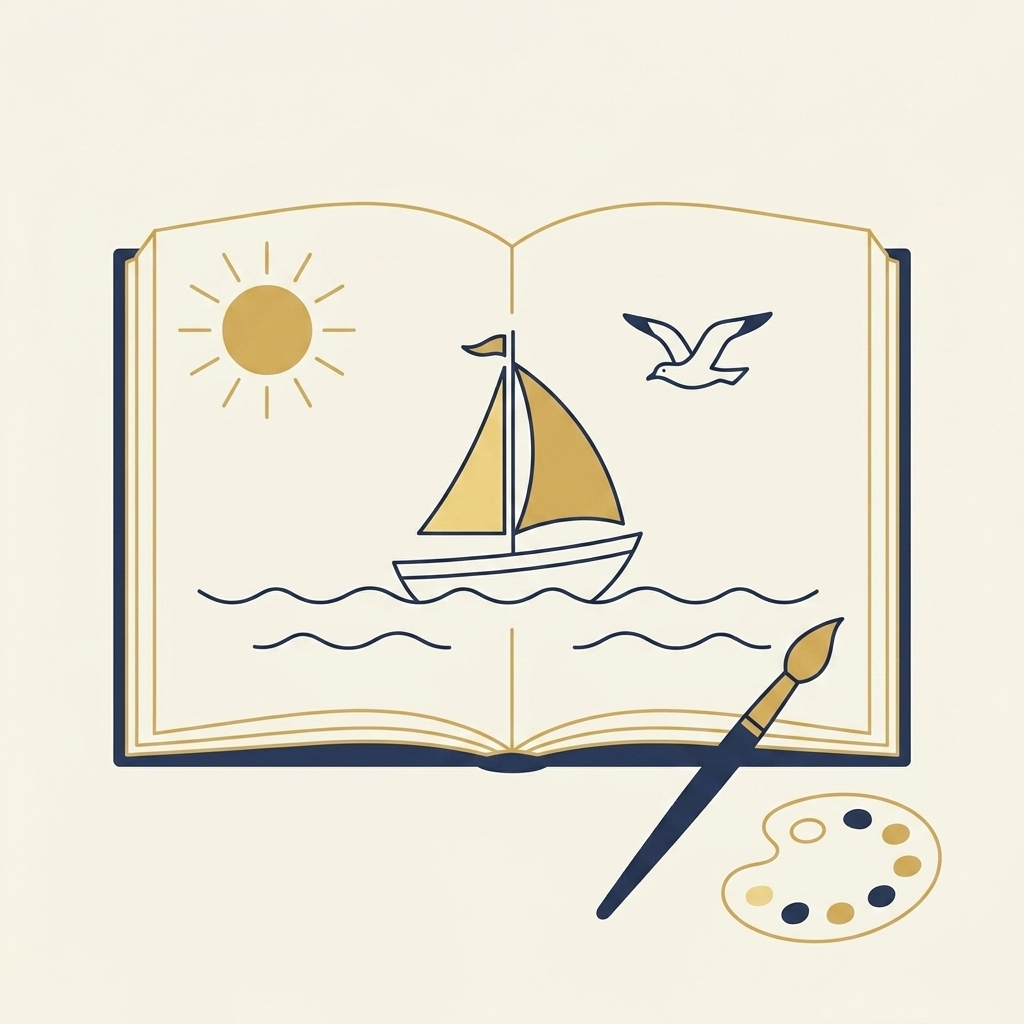 Illustration of an open children's picture book showing a sailboat scene, with a paintbrush and palette beside it