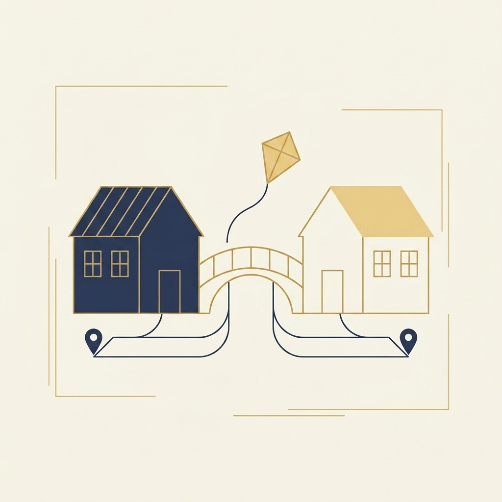 Illustration of two homes joined by a bridge, with a child's kite flying above the middle