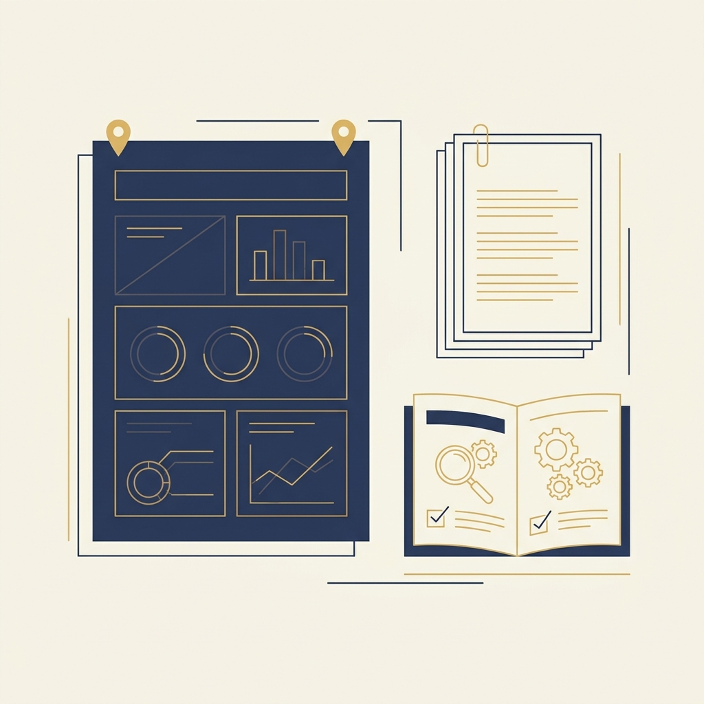 Illustration of a study wall poster, stacked mock test papers and an open study guide