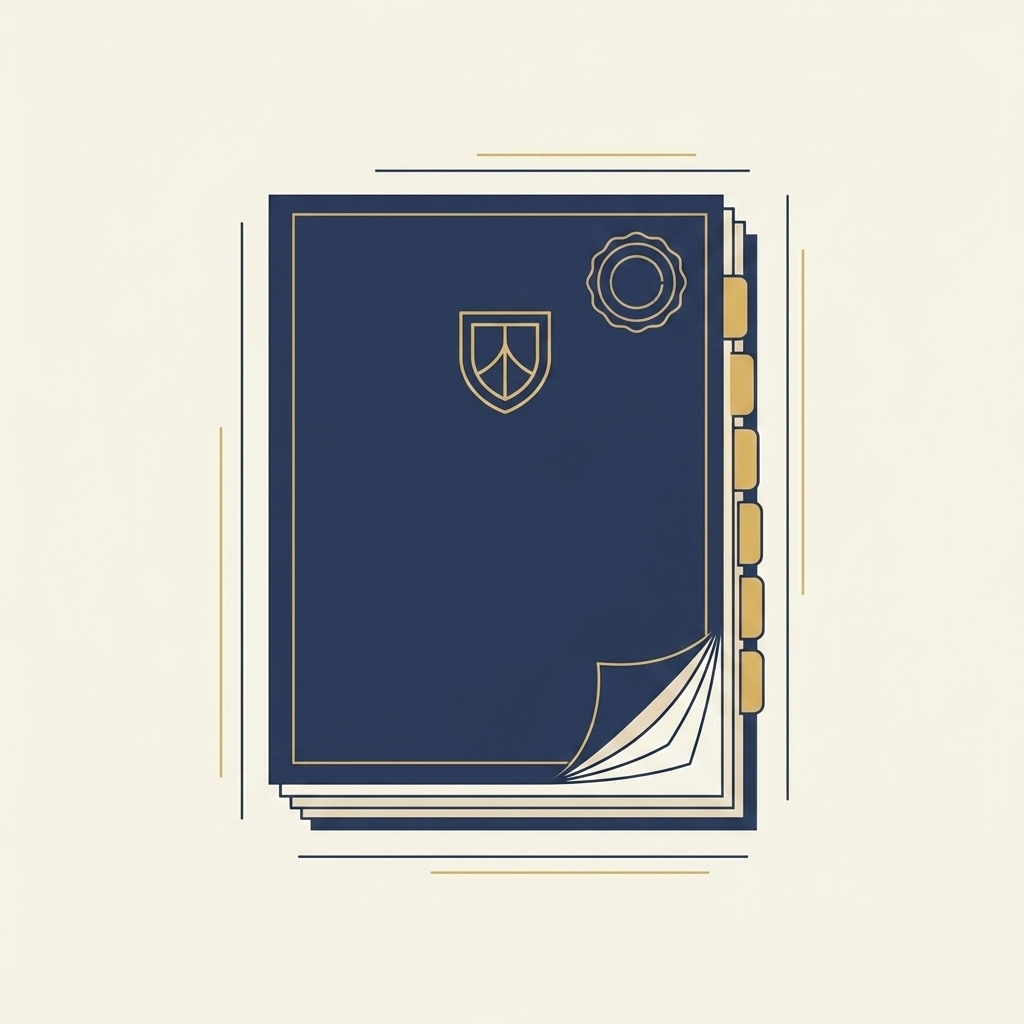 Illustration of a bound document bundle with gold index tabs and a circular seal