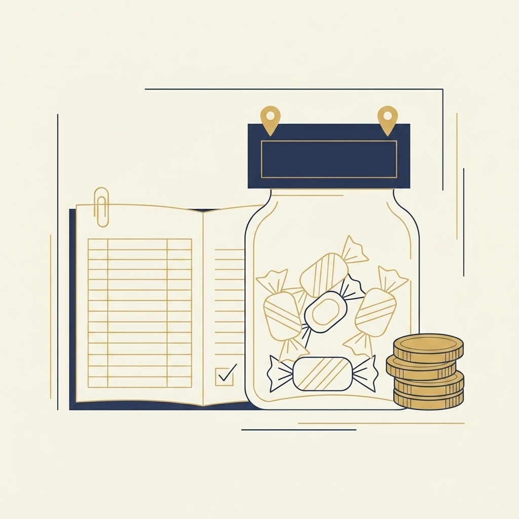 Illustration of a jar of wrapped sweets, a stack of gold coins and an open ledger notebook